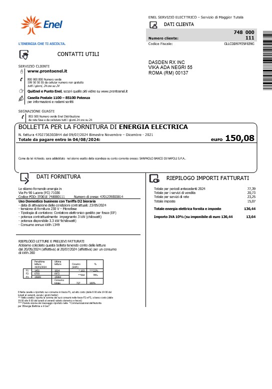 Italy Enel electricity business utility bill template in Word and PDF formats